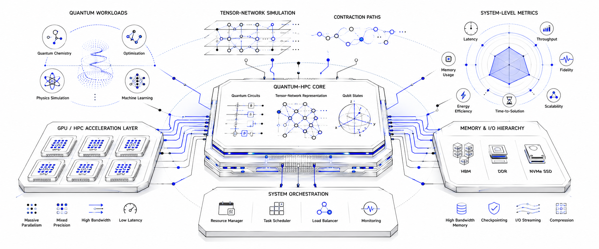 Conceptual banner for quantum-HPC and benchmarking